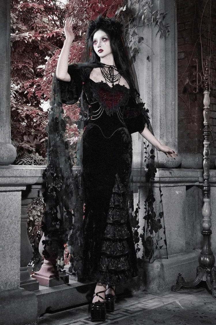 Square-Collar Embroidered Mermaid Gothic Dress in Black