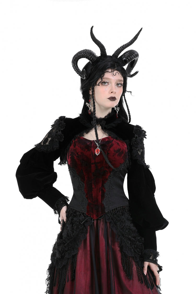 Jet-Black Gothic Cape with Velvet Panels and Lantern Sleeves