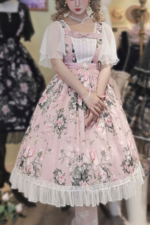 Rose-Printed Square-Collar Ruffled Vintage OP Gown in Pink