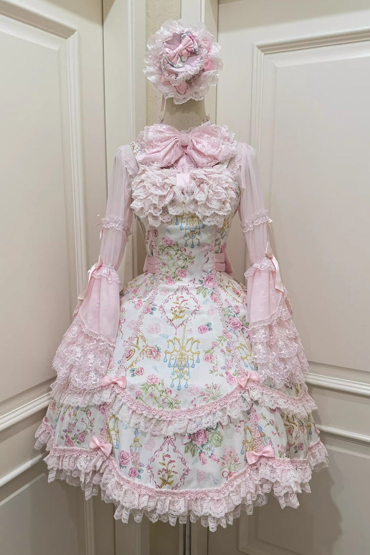 Ivory & Pink Sleeveless Floral Wall Print Lace Bow Sweet Lolita JSK Dress
