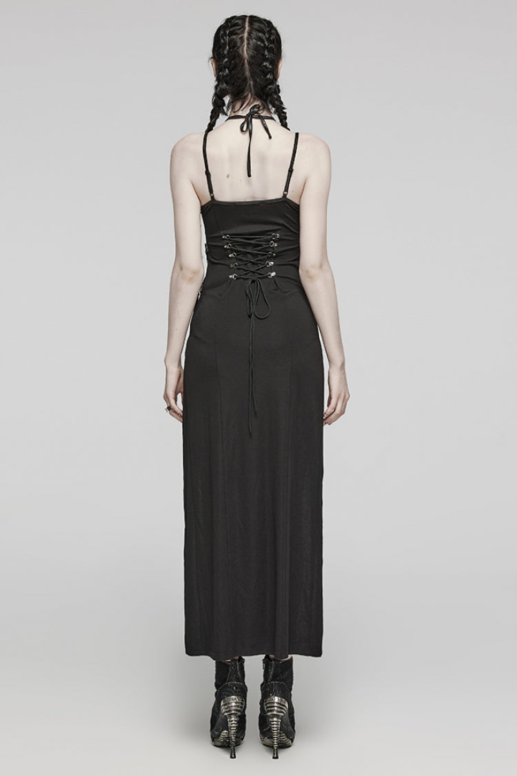 Fierce Black Lace-Up Ripped Side Slit Halter Punk Dress
