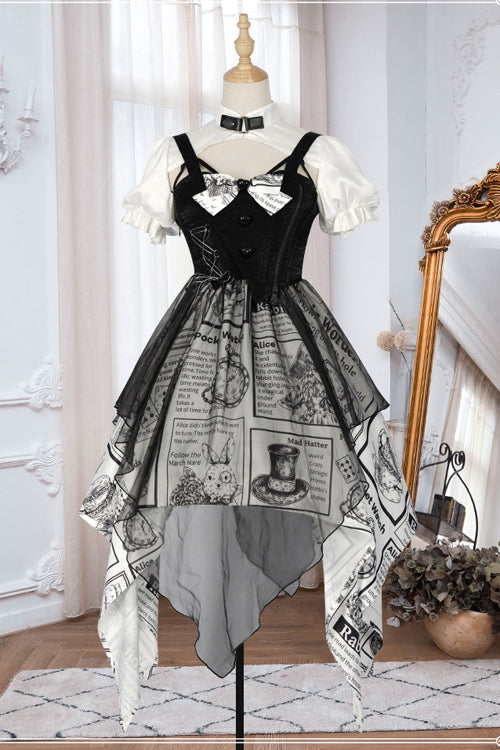 Ebony Dress - Fake Two Piece Vintage Printed Irregular Hem