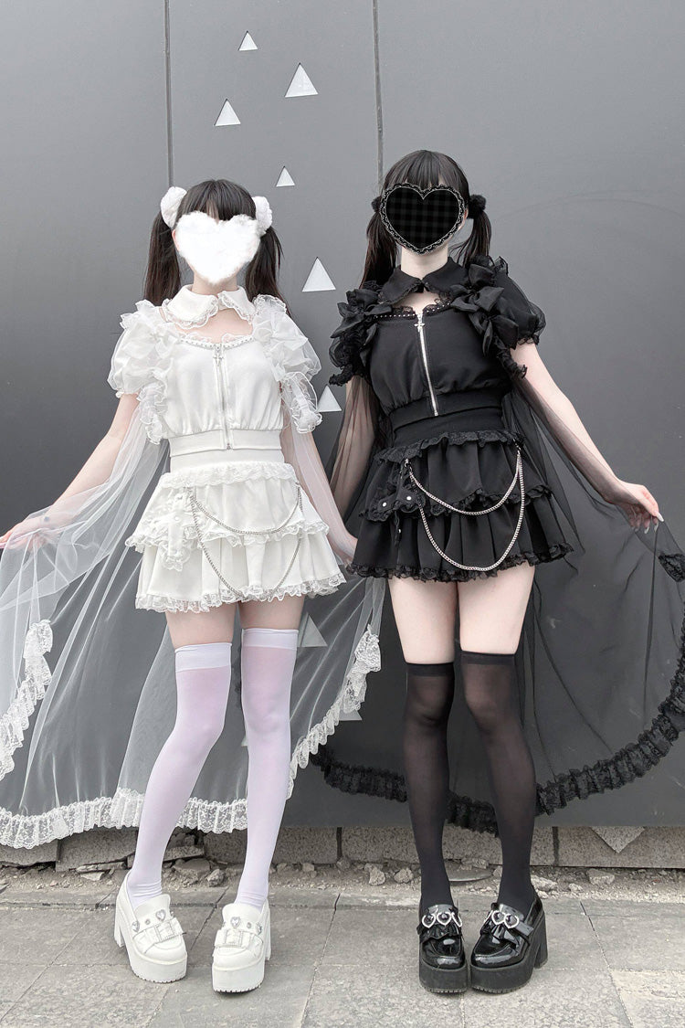 Gothic Layered Lace Zip Chain Skirt Set with Short Sleeves - Song of Atonement