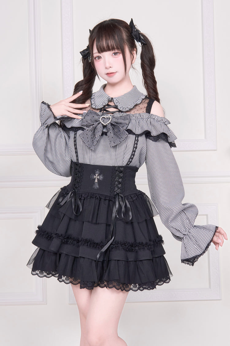 Off Shoulder Bowknot Lace-Up Print Long Sleeve Jirai Blouse in Three Colors