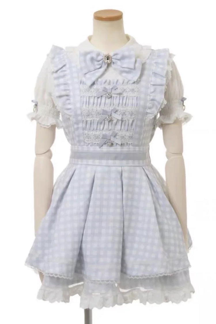 Lapel Collar Plaid Print Bow Plus Size Jirai Dress and Shorts Set in Three Colors
