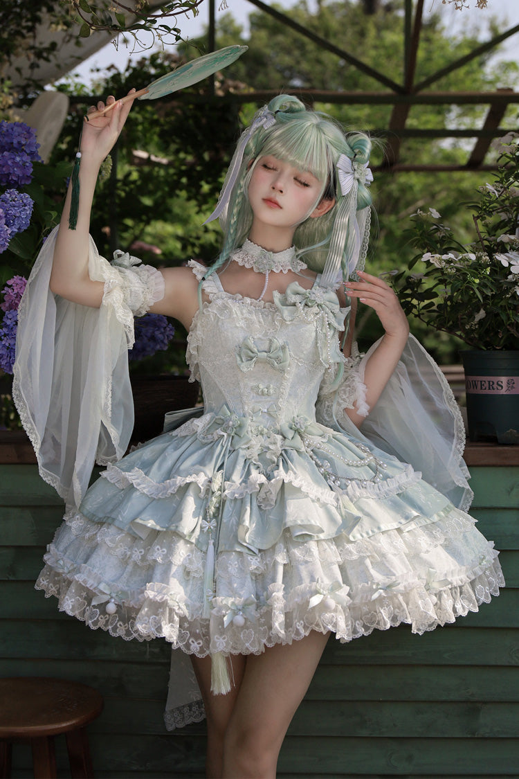 Jacquard Square Collar Sleeveless Layered Cherry Lace Pearl Bow Lolita JSK