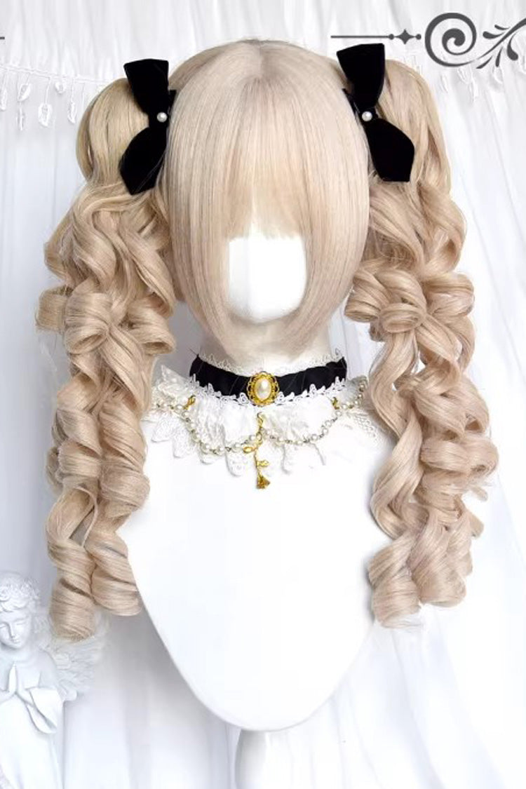 Elegant Pearl-Trimmed Beige Curly Twin-Tail Lolita Hairpiece