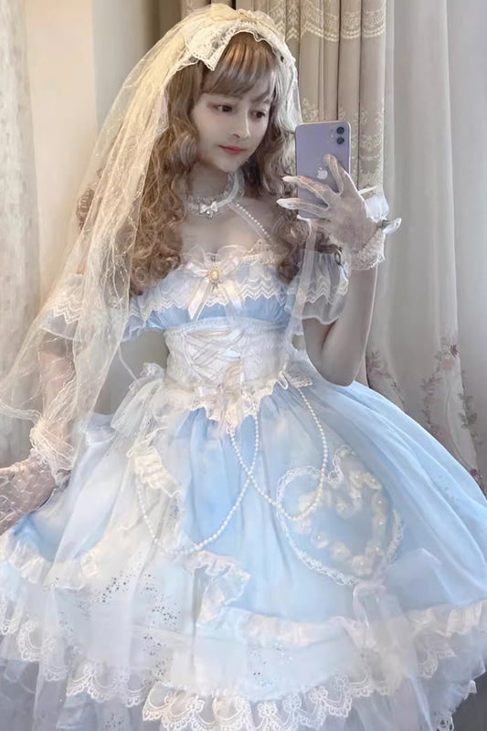 Blue White Mermaid-Inspired Off-Shoulder Mesh Dress with Bow