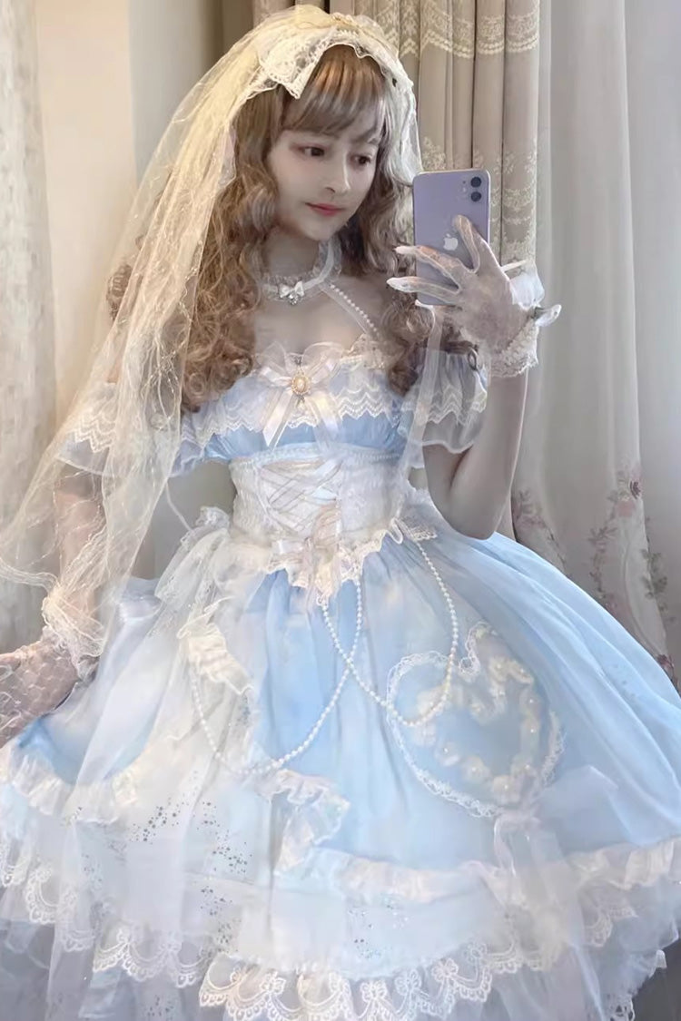 Blue/White The Little Mermaid Off-Shoulder Halter Neck Ribbon Mesh Elegant Princess Lolita Gown
