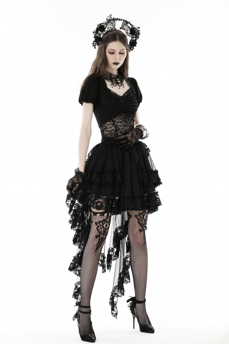 Gothic Swallow Tail Skirt with Irregular Lace Ruffles, Black