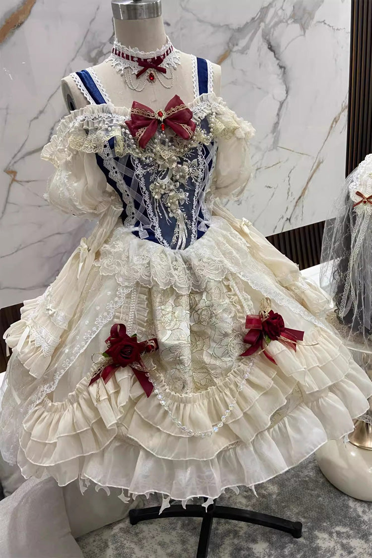 Blue and Ivory Off-Shoulder Lolita Dress with Ruffle and Bowknot Sweet Style