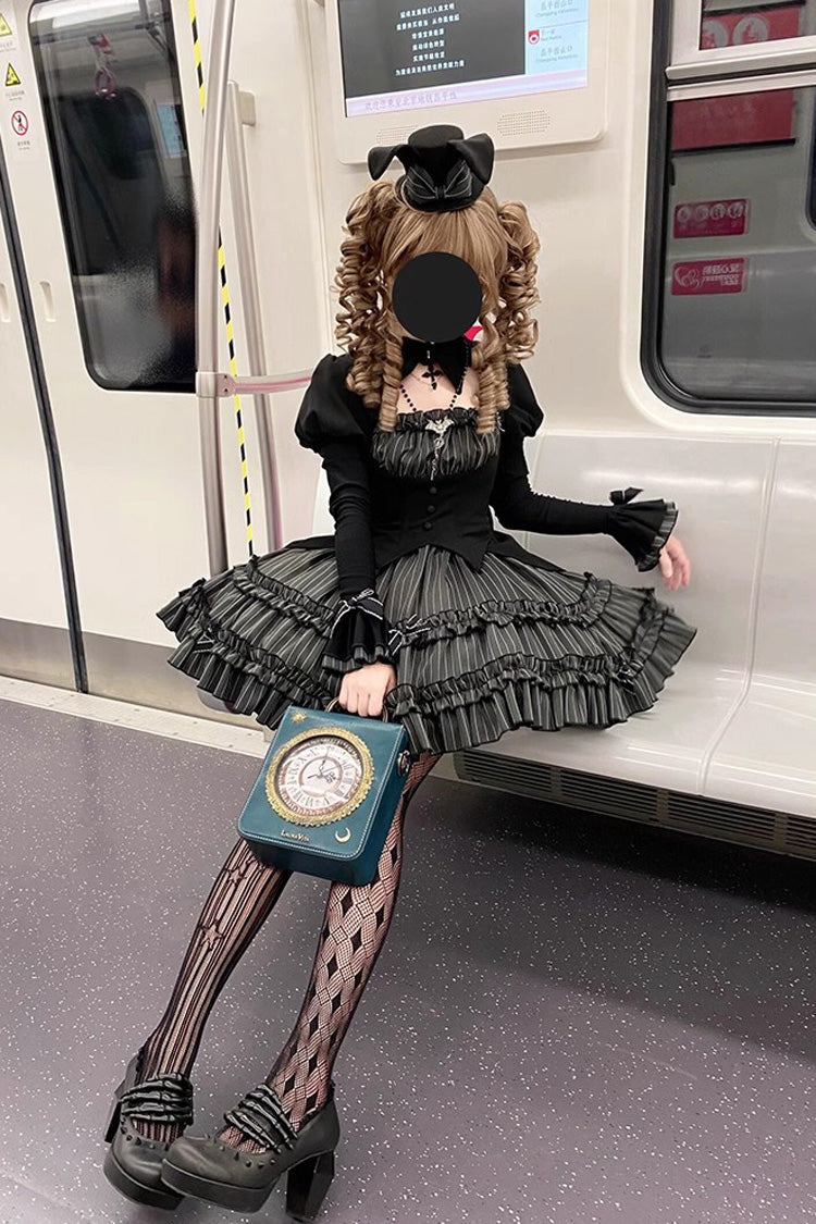 Charcoal Striped Long-Sleeve Ruffled Lace Dress - Duke of the Trap Rabbit