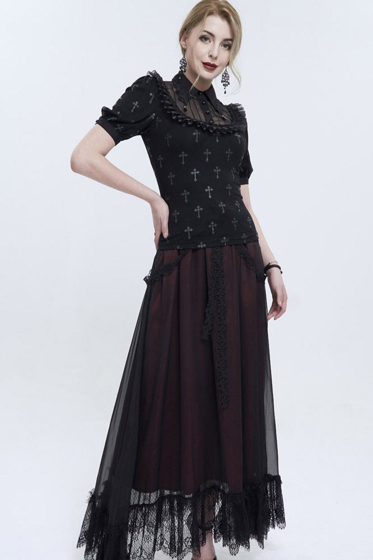 Punk Shirt with Cross Print Lace Collar Strap Pendant Chest Panel