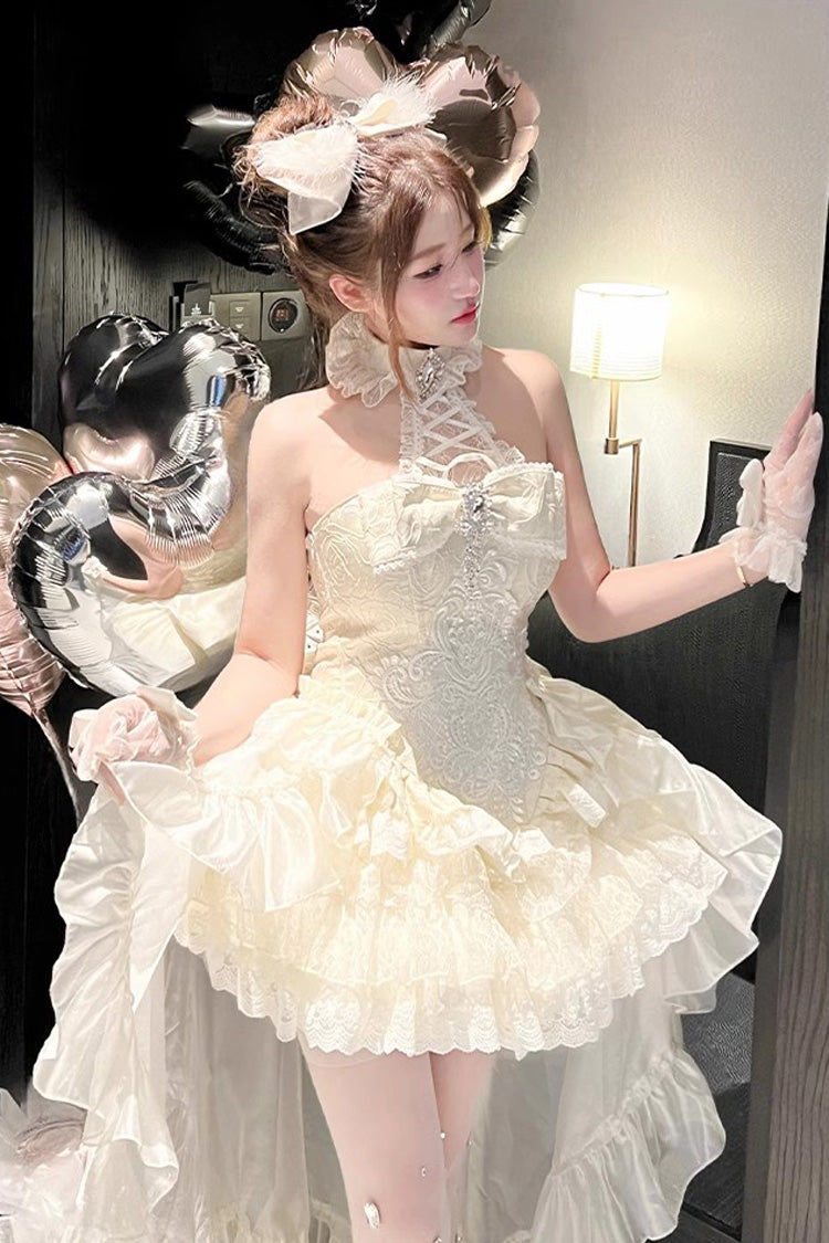 Ivory Halter Ruffled Bow Lace Princess Lolita Gown