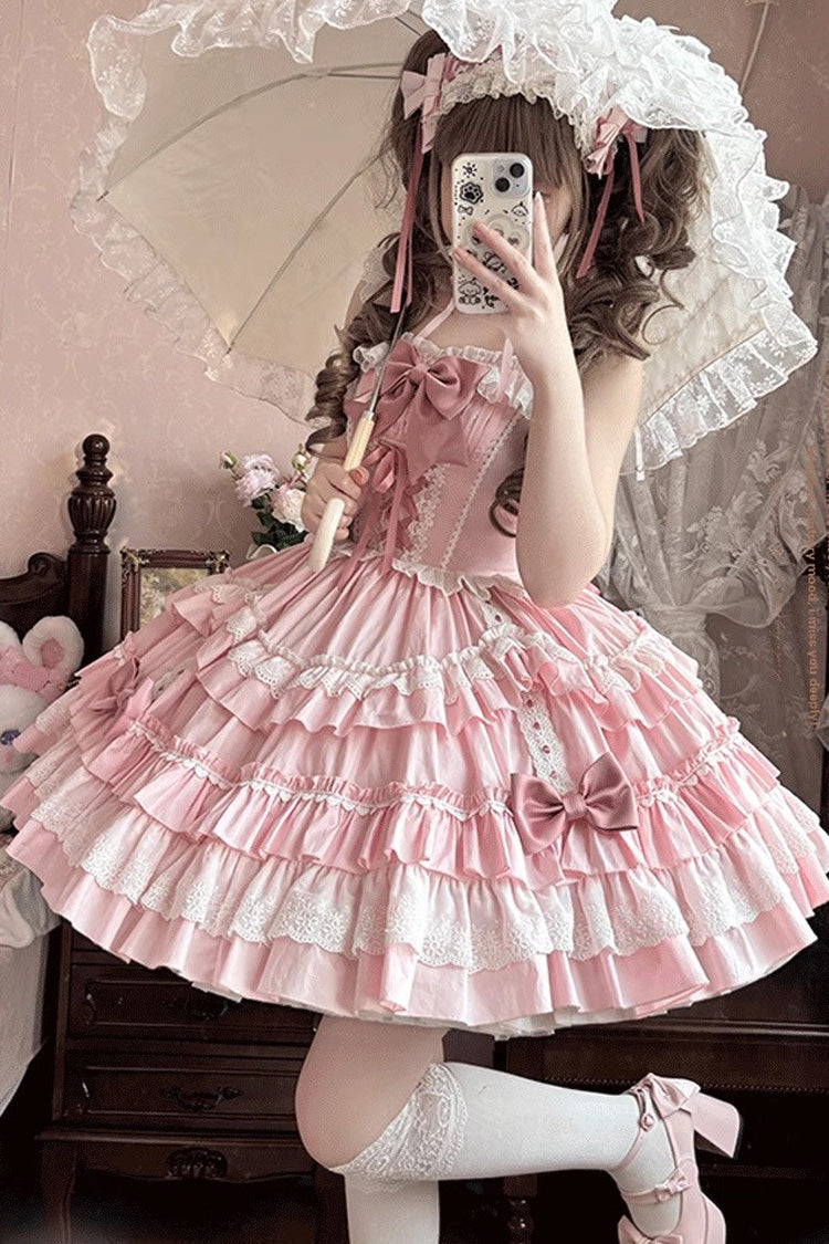 Blush Sleeveless Multi-Layer Ruffle Bow Lace-Up Sweet Tiered Dress