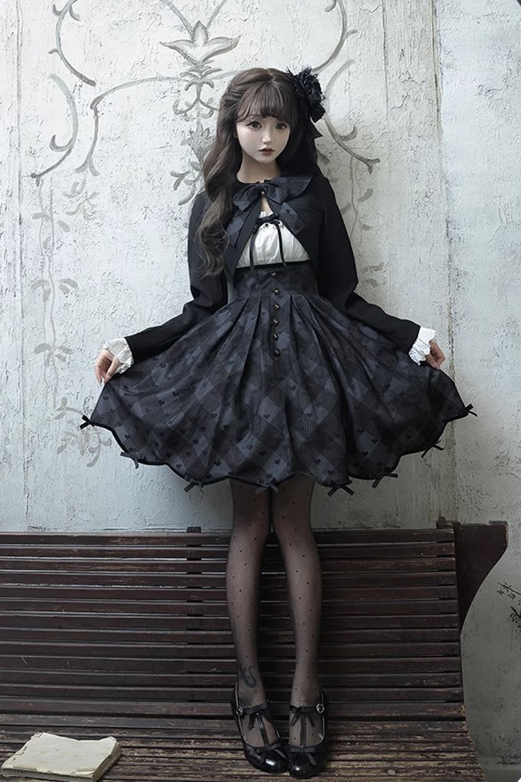 Black Short Sleeve Plaid Print Sweet Elegant Princess Dress Short - Swan