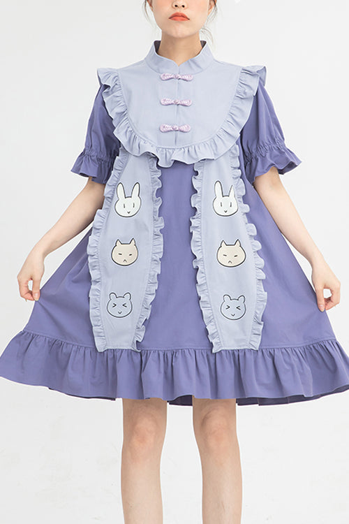 Lilac Chinoiserie Button Collar Short-Sleeved Ruffled Bunny-Ear High-Waist Doll Dress