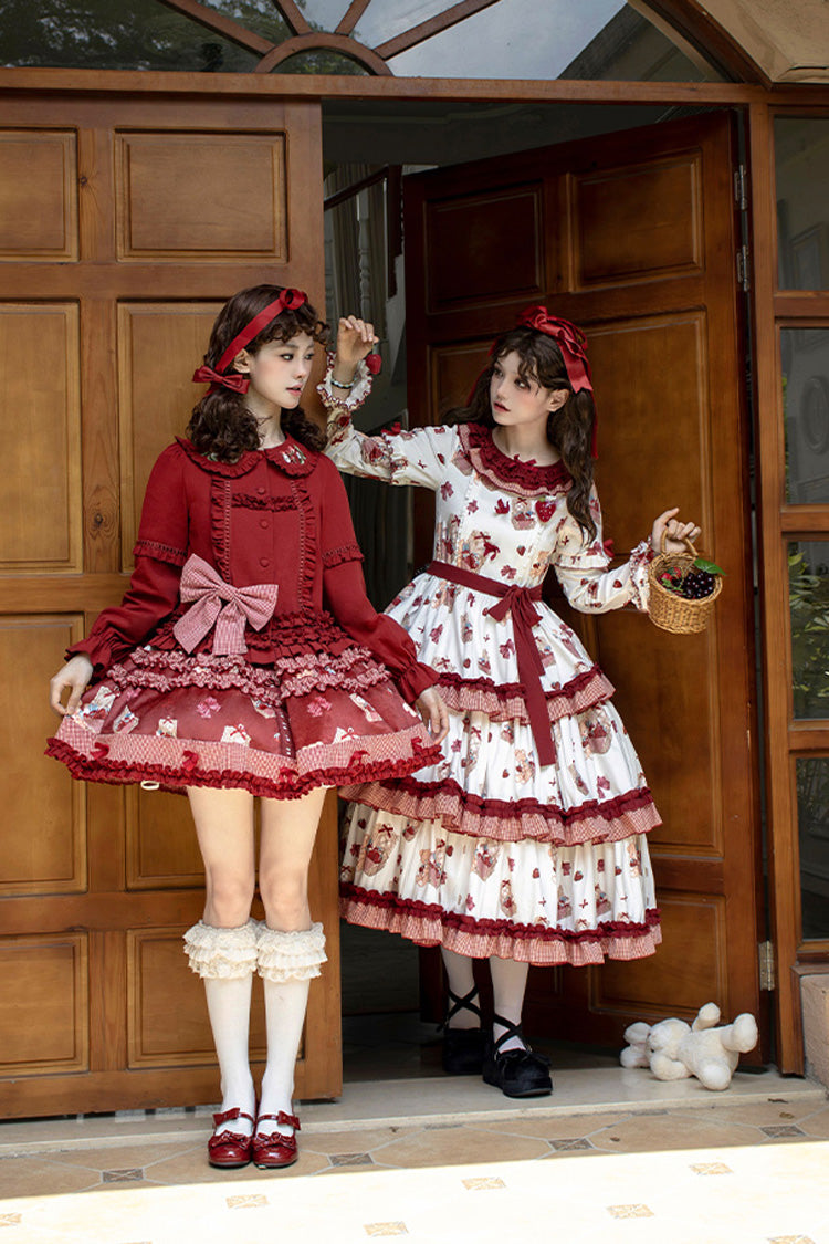 Blush Pink & White Berry Farm Print Long-Sleeve Layered Ruffled Sweet Lolita Gown