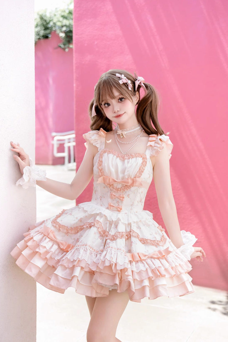 Floral Printed Multi-Layer Lace Sweet Lolita Tiered Dress - Ruffled Bowknot