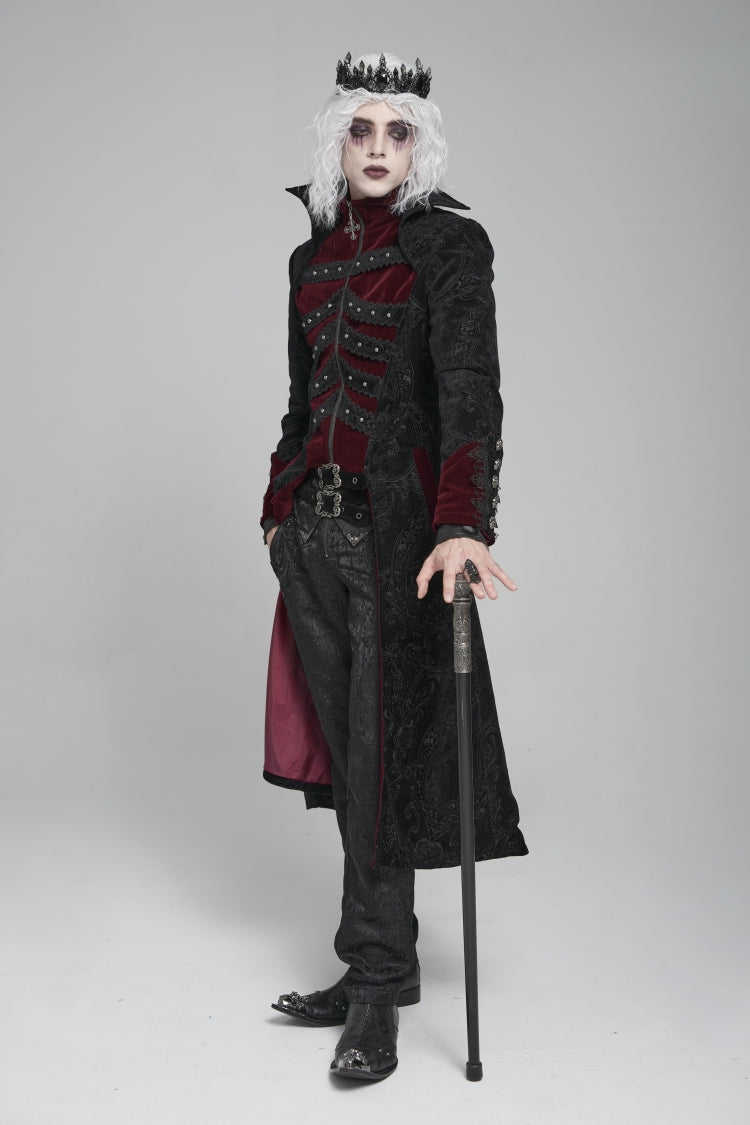 Noir & Red Crystal-Trimmed Printed Zip Gothic Overcoat