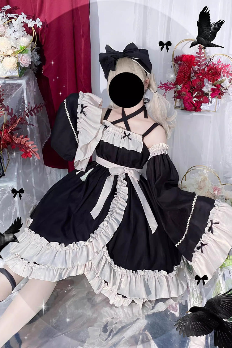 Sleeveless High Waist Ruffle Bow Asymmetric Gothic Lolita Jumper Dress - Black