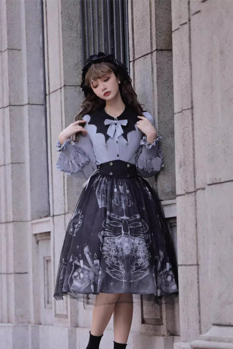 Black Printed Gothic Punk Skirt Set - Halloween Elegant Lolita