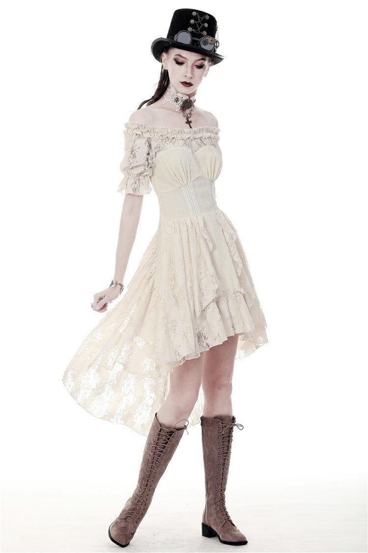 Beige Ruched Off-Shoulder Short Sleeve Steampunk Vintage Gown
