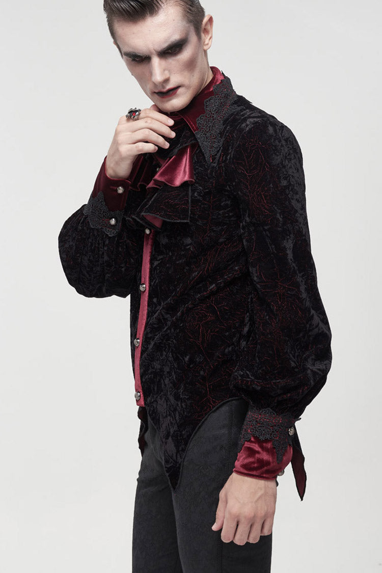Crimson & Noir Velvet Stand Collar Ruffle Lantern Sleeve Gothic Shirt for Men