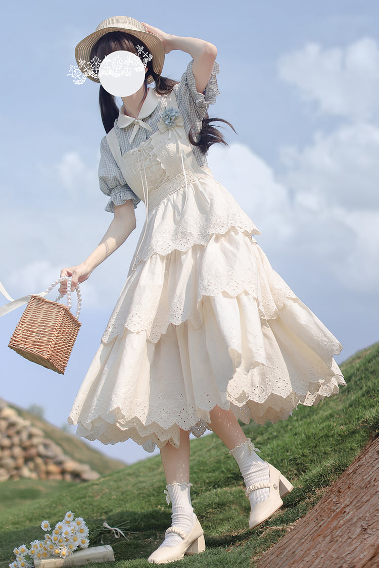 Ivory Sleeveless Triple Ruffled Lace-Up Sweet Elegant Lolita JSK