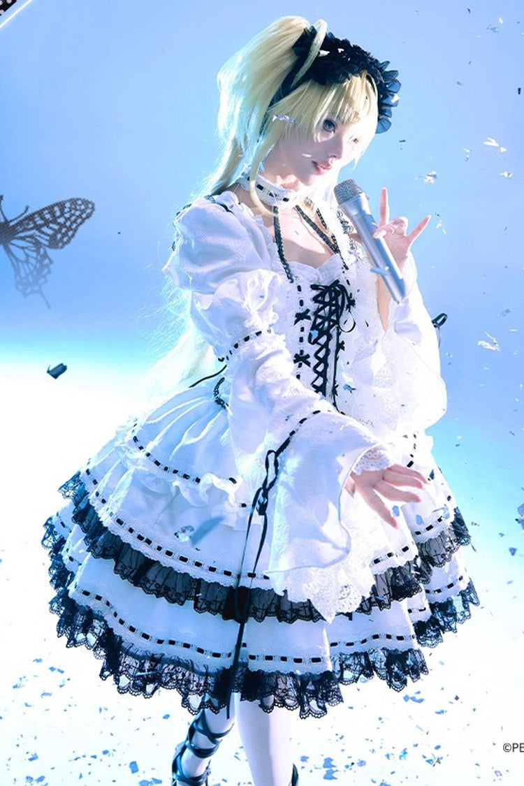 White Long Trumpet Sleeve Double-Layered Ruffled Bow Lace-Up Gothic Skirt Set