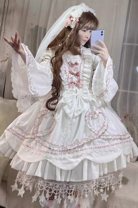 White Lolita Dress with Bowknot and Stitching Sweet Style
