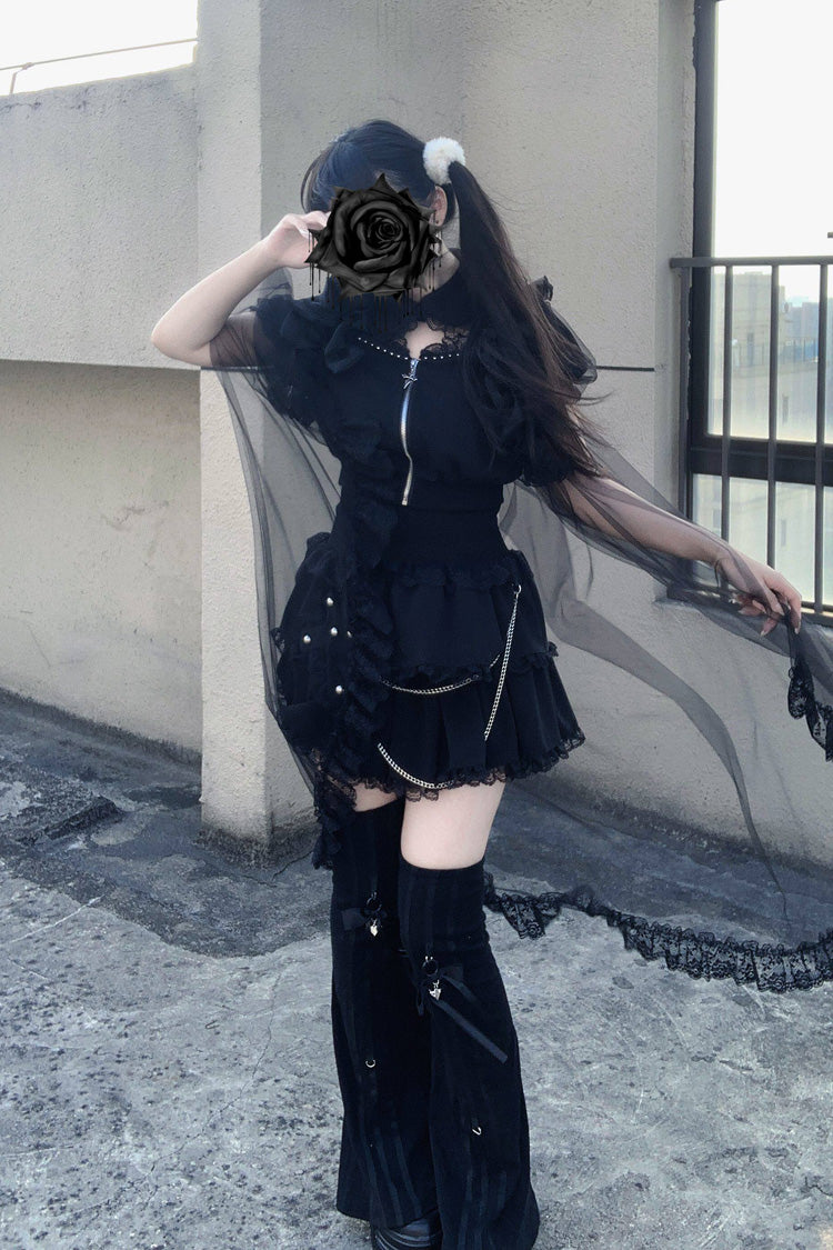 Gothic Layered Lace Zip Chain Skirt Set with Short Sleeves - Song of Atonement