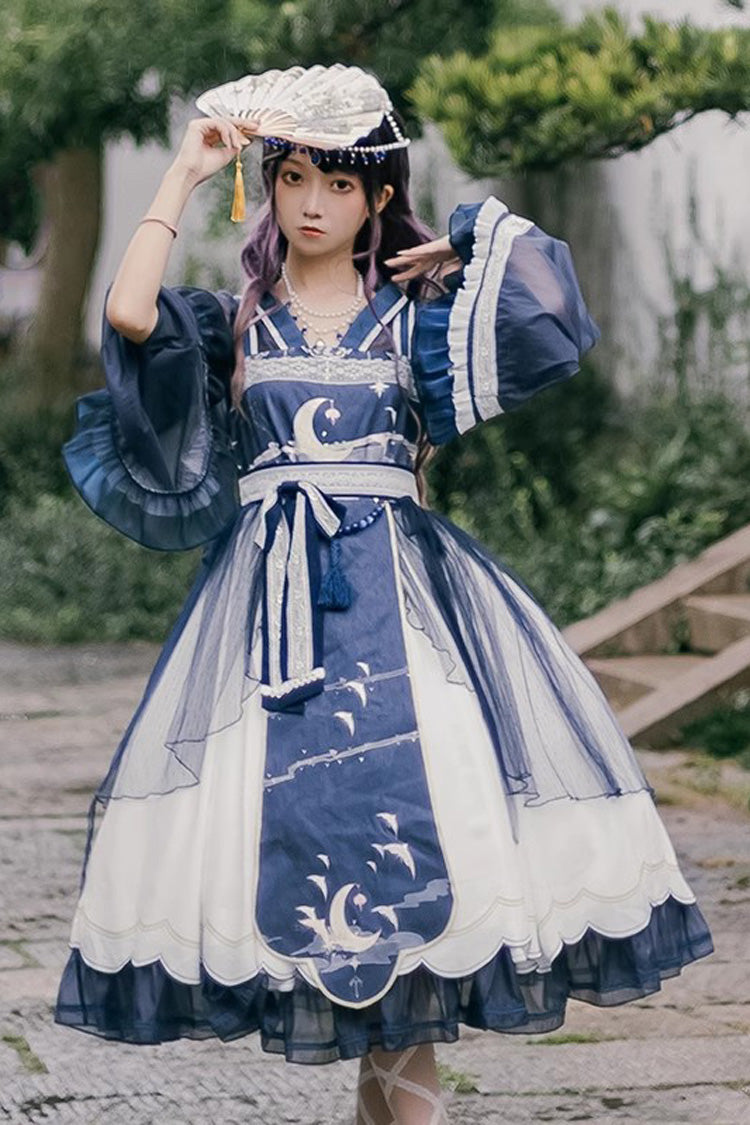 Chinese Style Lolita JSK Dress with Oriole Print and Ruffles - Night and the Oriole, 2 Tones
