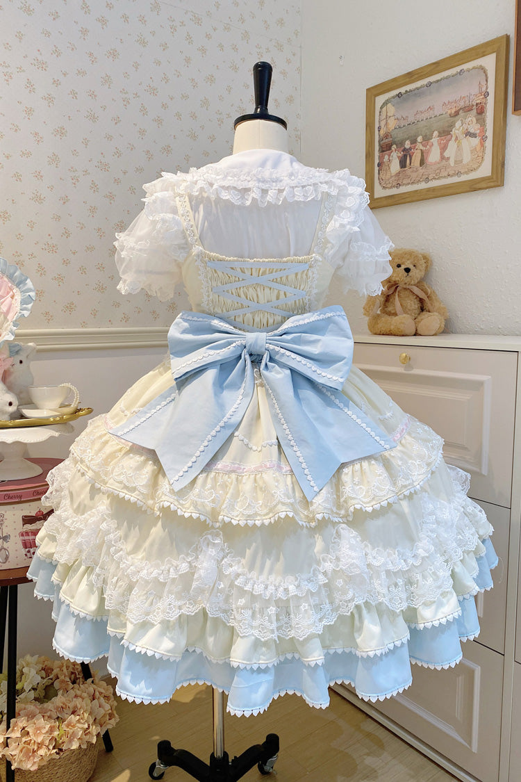 Yellow Blue Fondant Cake Sleeveless Layered Ruffle Bow Lace Sweet Jsk Dress