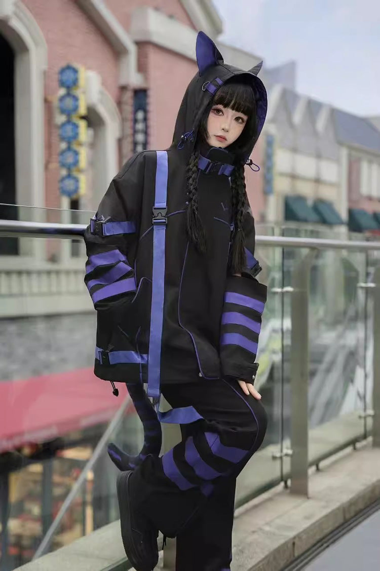 Blue/Black Long Sleeve Print Cat Ears Hooded Jirai Kei Handsome Jacket