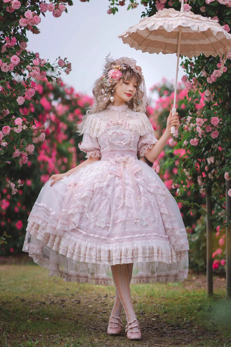 Ivory and Pink Sunset Realm Short Sleeve Printed Ruffled Hanayome Bow Lace Gorgeous Sweet Lolita Dress Set