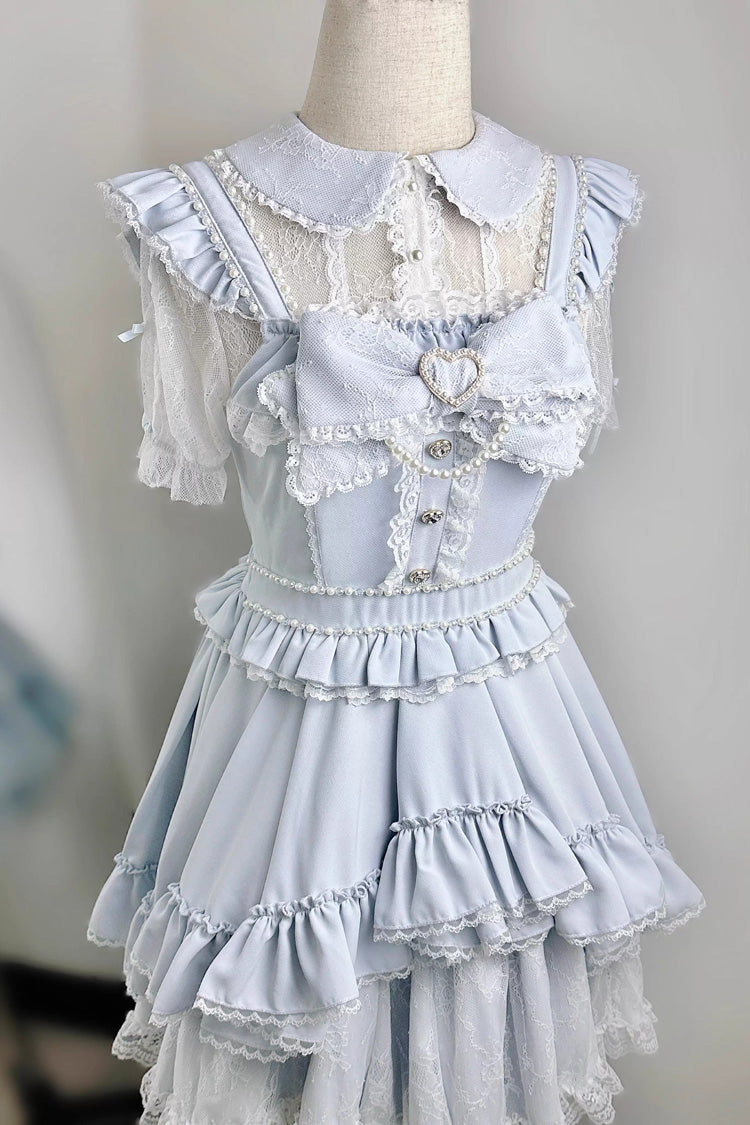 Light Blue Double-Layer Ruffle Bow Lace Sweet Jirai Kei Dress Set