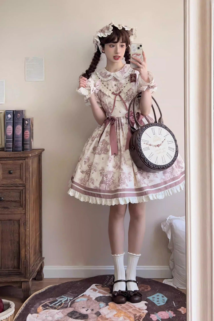 Grape Moon Almanac Short-Sleeve Multi-Layer Printed Ruffled Bow Sweet Lolita Dress