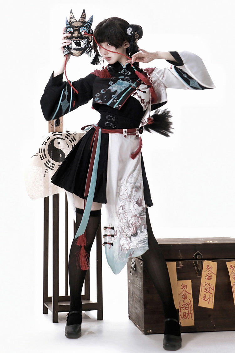 Multi-Color Asymmetric Chinese Ouji Skirt with Demon Print - Walking With The Demon