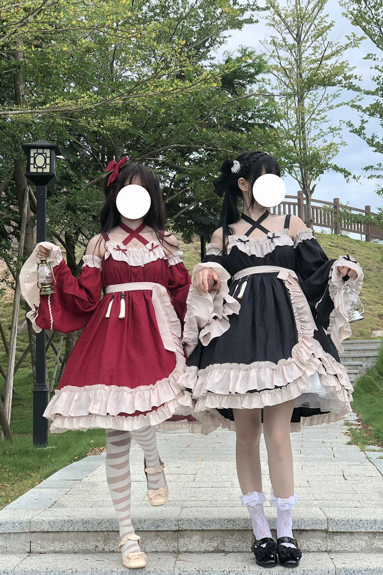 Sleeveless High Waist Ruffle Bow Asymmetric Gothic Lolita Jumper Dress - Red