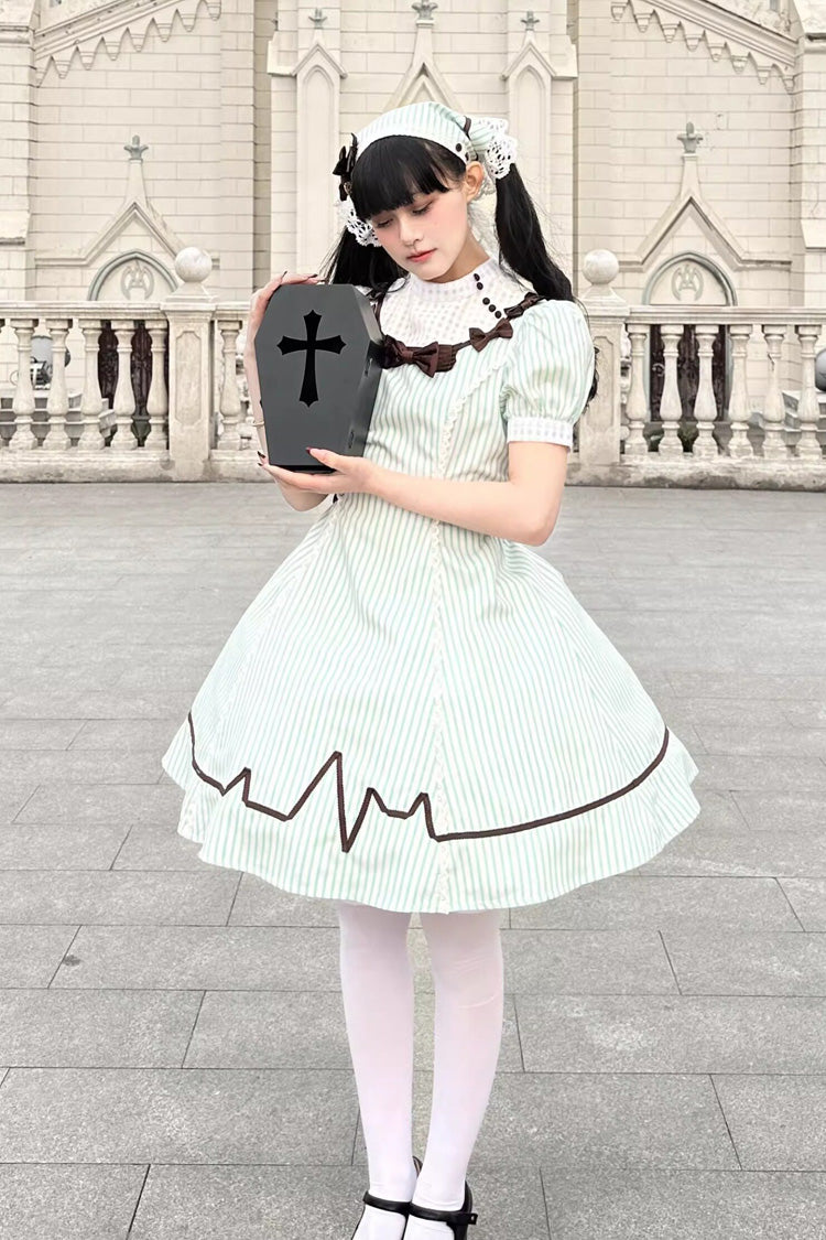Green Striped Bow Nurse Lolita Stand-Collar