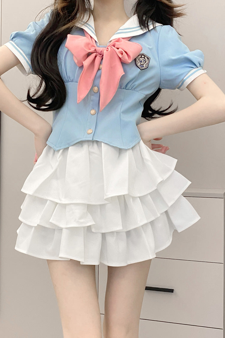 Sweet College Style Skirt Set with Ruffle Bowknot