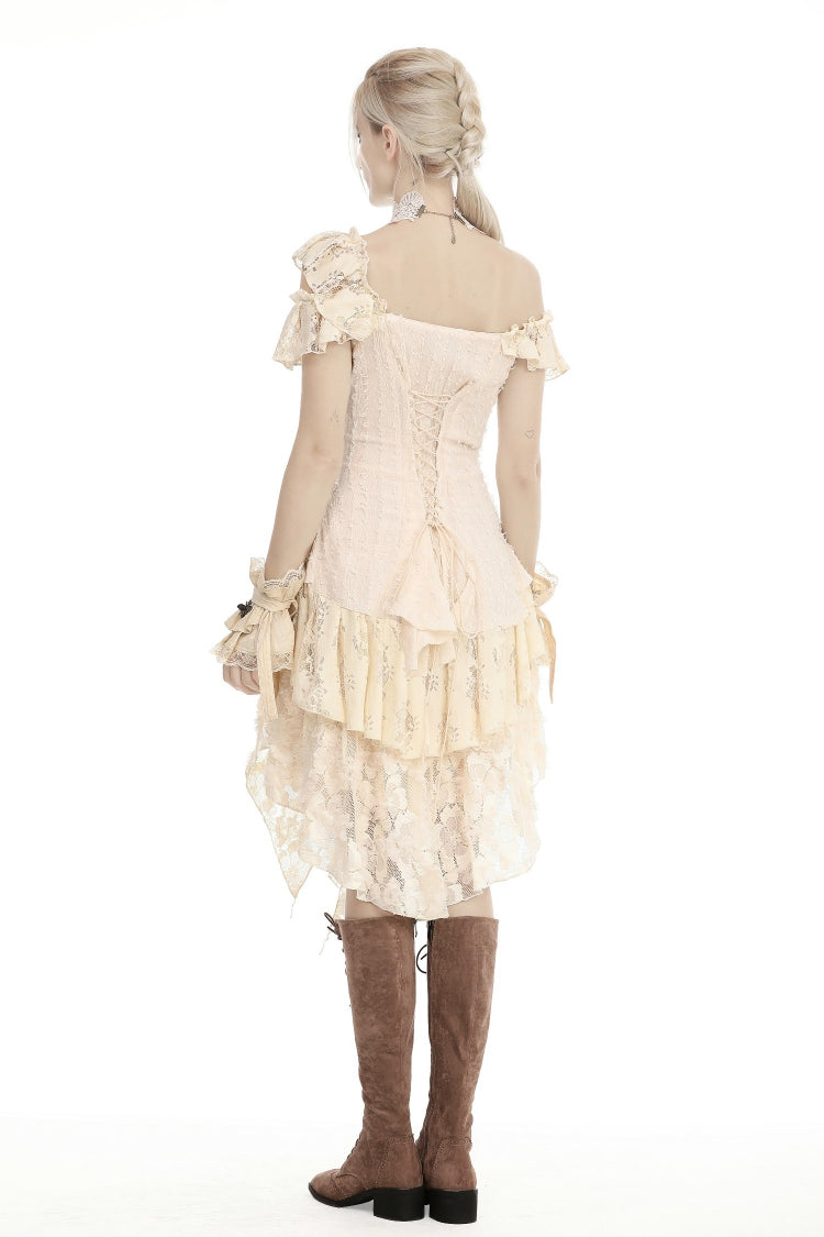 Beige Irregular Multi-Layer Ruffled Lace Steampunk Vintage Dress
