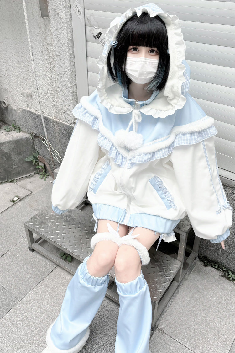 Ivory and Blue Star Bear Motif Hooded Ruffle Sports Jacket