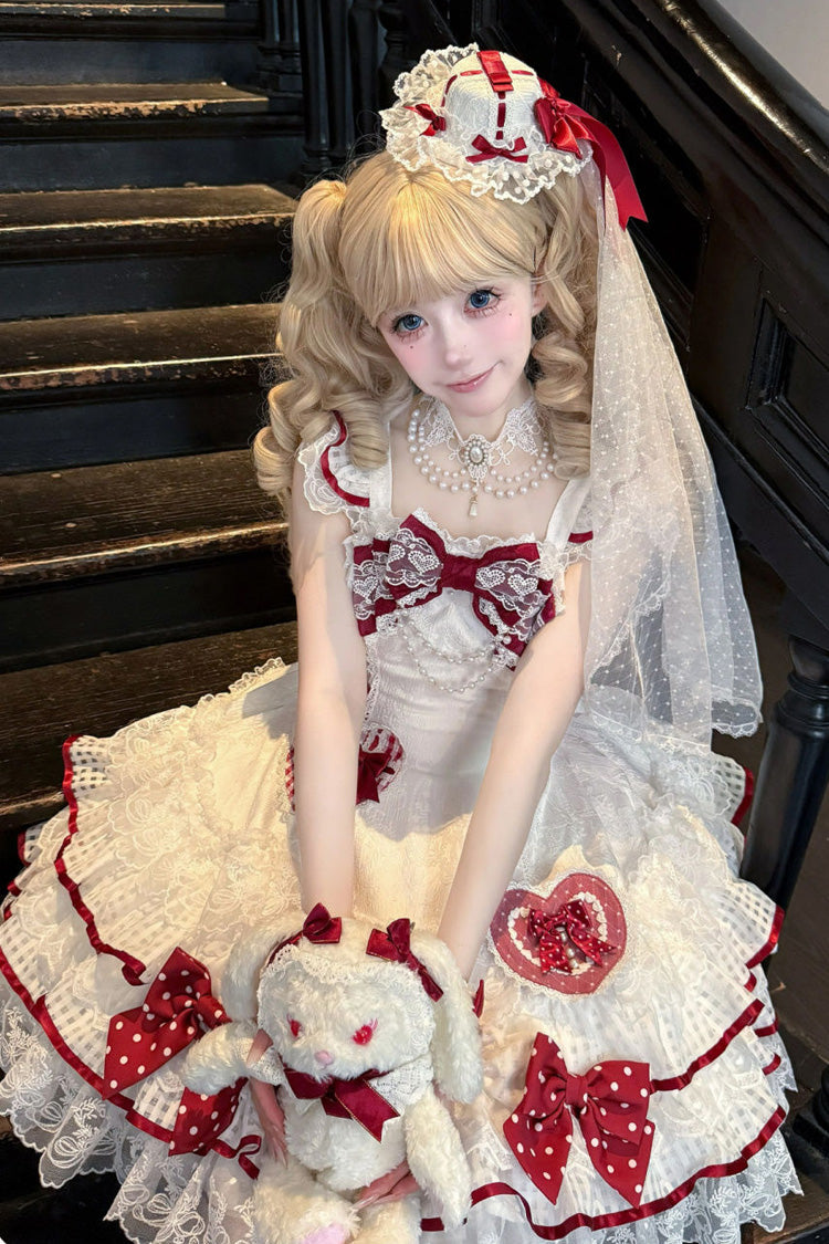 Ivory Polka Dot Love Letter Sleeveless Double Bow Pearl Accent Lolita JSK