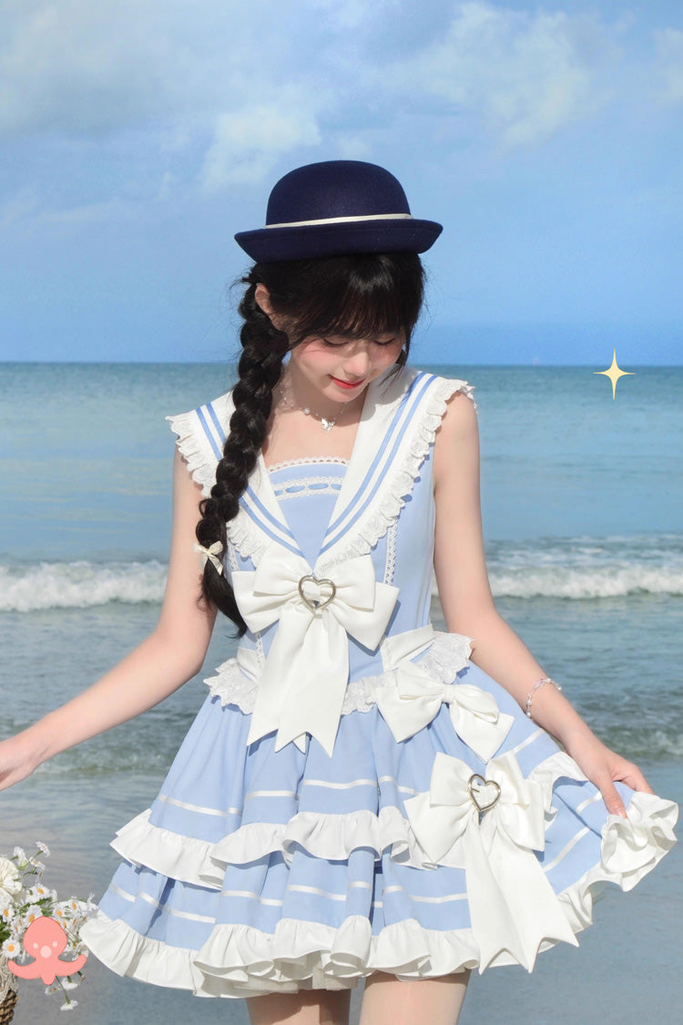 Light Blue Sleeveless Double Layer Lace Sweet Lolita Dress - Ruffled Bowknot
