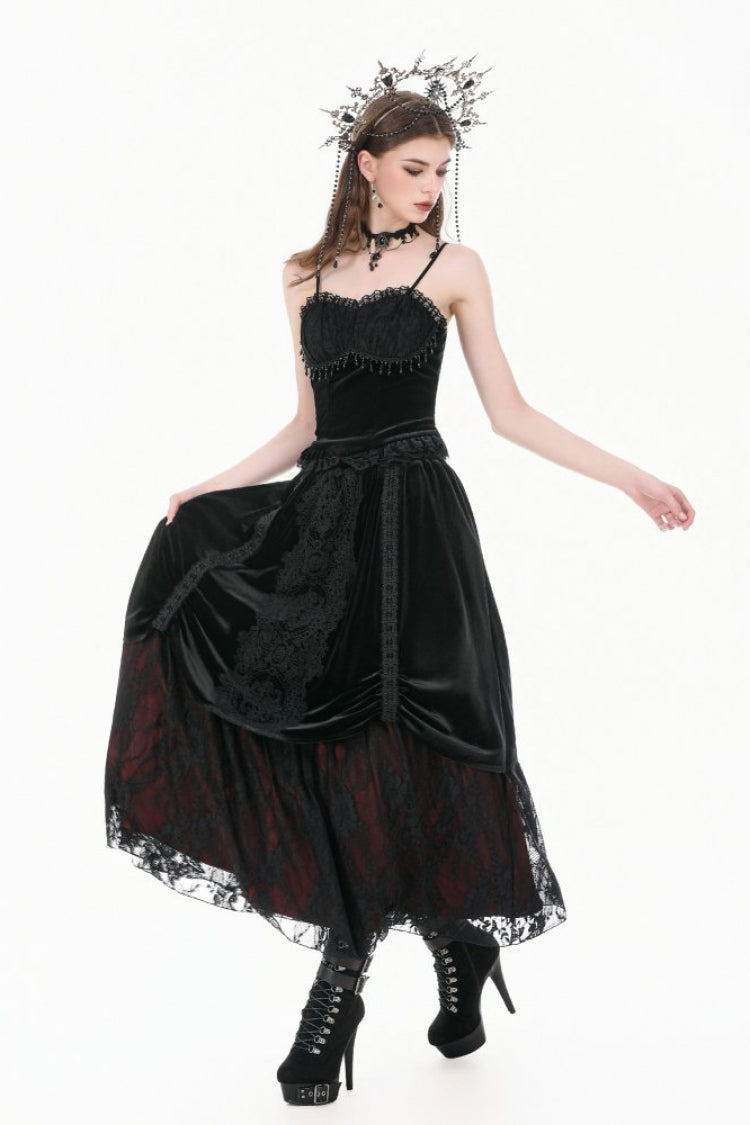 Gothic Vintage Velvet Black Lace Mesh Bustier with Beaded Tassel Drops