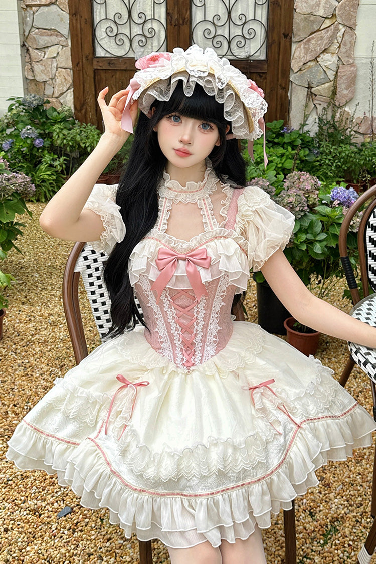 White & Pink Secret Garden Multi-Layer Ruffled Bow Lace-Up Sweet Princess Lolita JSK