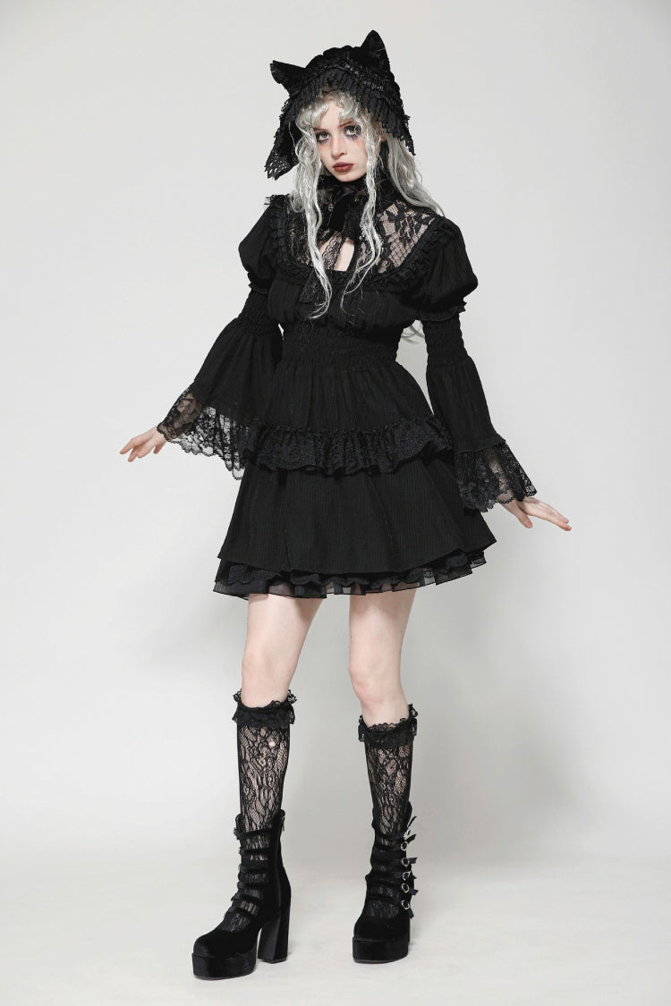 Gothic Victorian-Inspired Black Lace Ruffled High-Neck Puff-Sleeve Cutout Maxi Gown