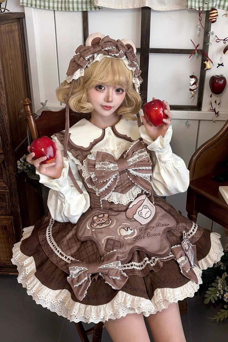 Brown Hot Cocoa Little Bear Sleeveless Print Ruffle Lace Sweet Lolita Jsk Dress